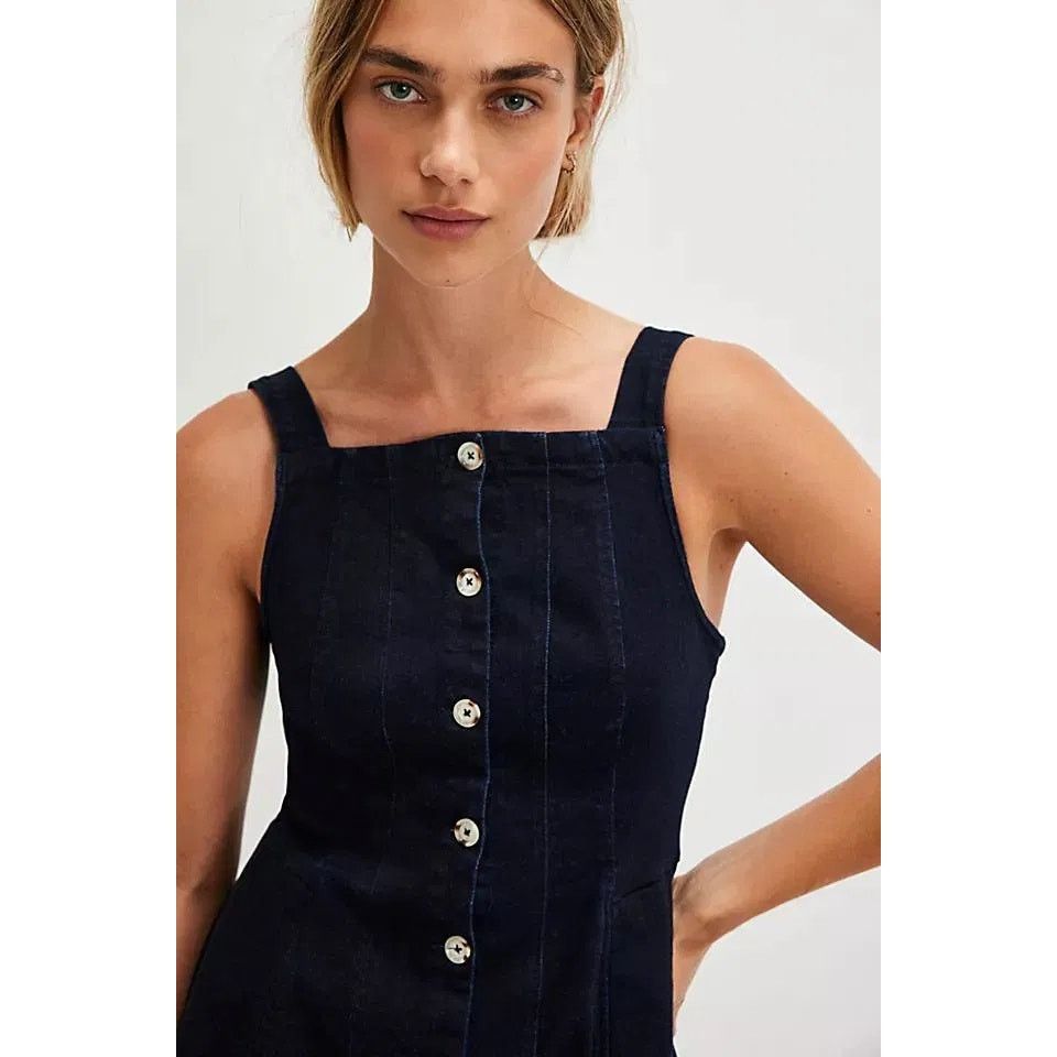 Free People New Gimme More Denim Mini Dress $148 X-LARGE Dark Blue Size XL / US 12-14 / IT 48-50 - 2 Thumbnail