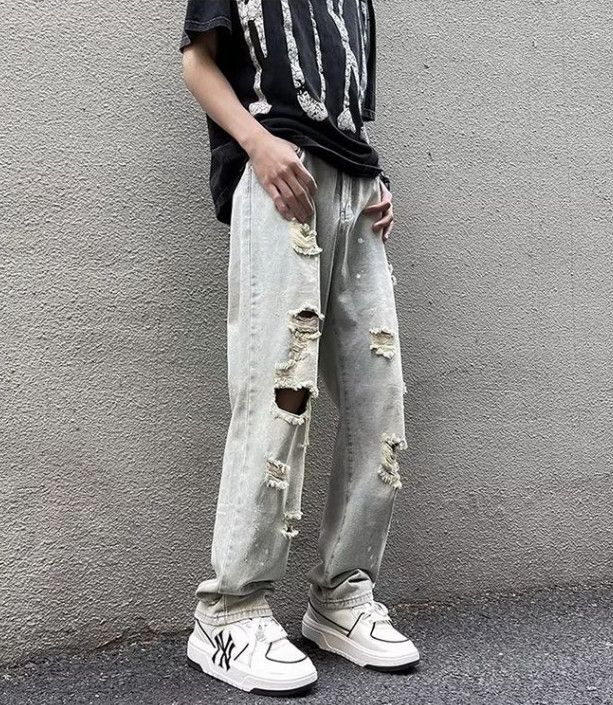 Japanese Brand Men's street hiphop slim fit ripped raw edge washed jeans Size US 32 / EU 48 - 4 Thumbnail