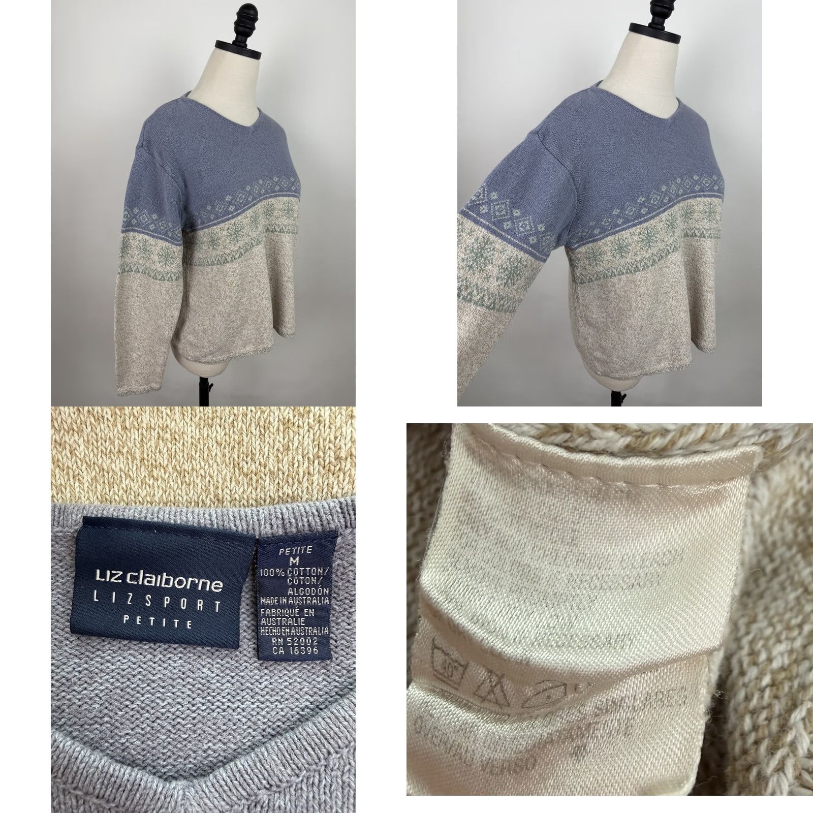Liz Claiborne VINTAGE Liz Claiborne Sweater Woman Petite PM Beige 100% Cotton Knit Fair Isle Pullover Long Sleeve V-Neck Size M / US 6-8 / IT 42-44 - 8 Thumbnail