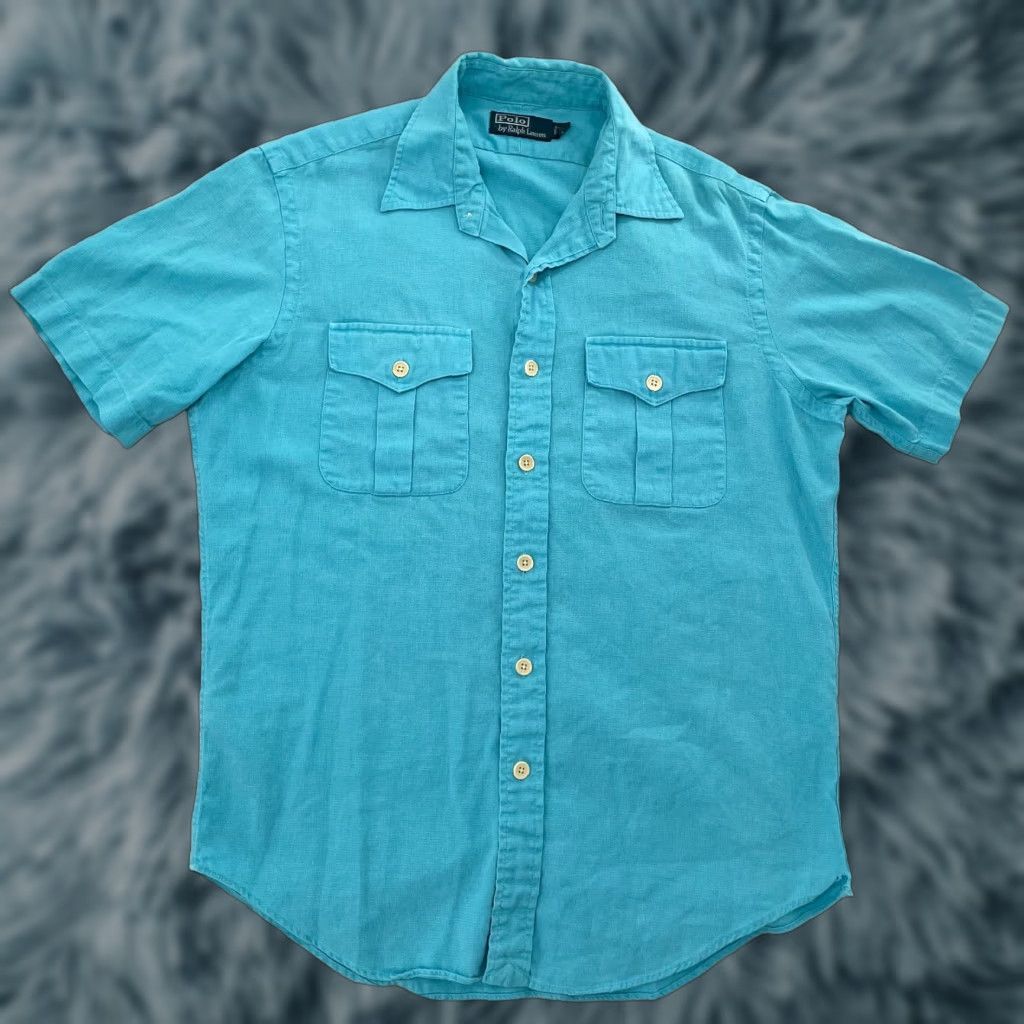 VINTAGE Polo Ralph Lauren Shirt Men Adult Medium Blue Linen Cotton Button-Up Short Sleeve M Blue Polo Shirt 90s Mens