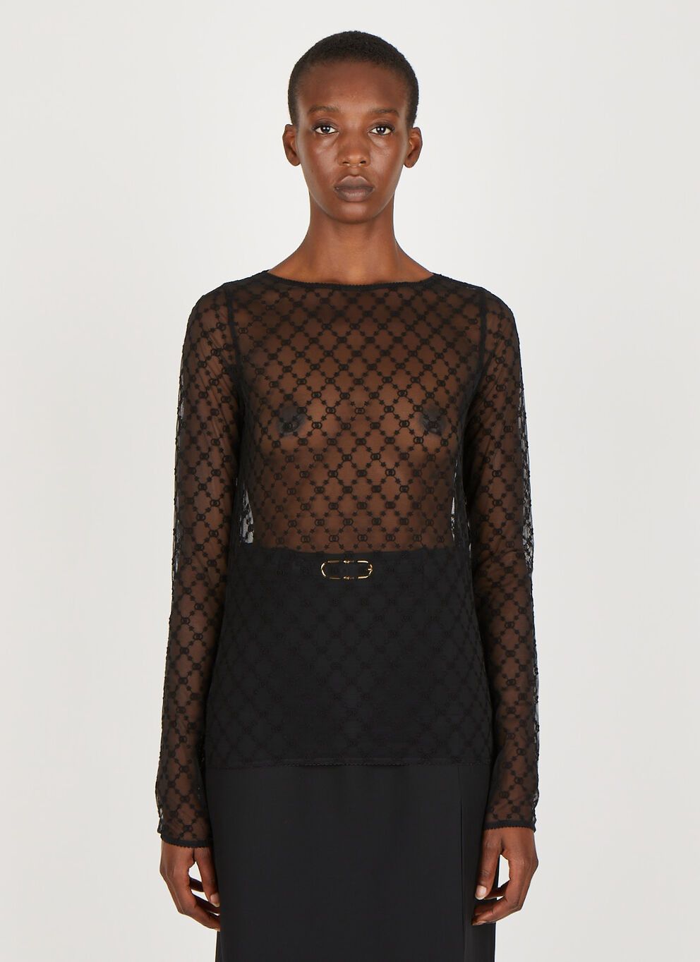 image of Gucci Gg Embroidered Tulle Top in Black, Women's (Size XS)