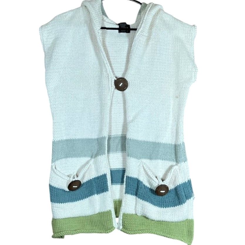Vintage PURE HANDKNIT Womens White Hooded Sleeveless Vest Chunky Knit 100% Cotton XS/S Vest Women Winter Fall Spring Casual Knits with Pockets Womens Size XS / US 0-2 / IT 36-38 - 2 Thumbnail