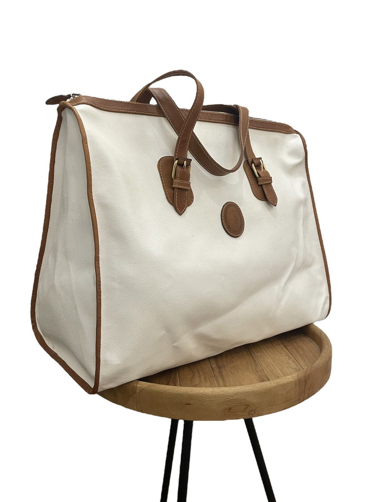 Trussardi × Vintage 80s Trussardi Italy Canvas Leather Travel Bag | Old Money Size ONE SIZE - 4 Thumbnail