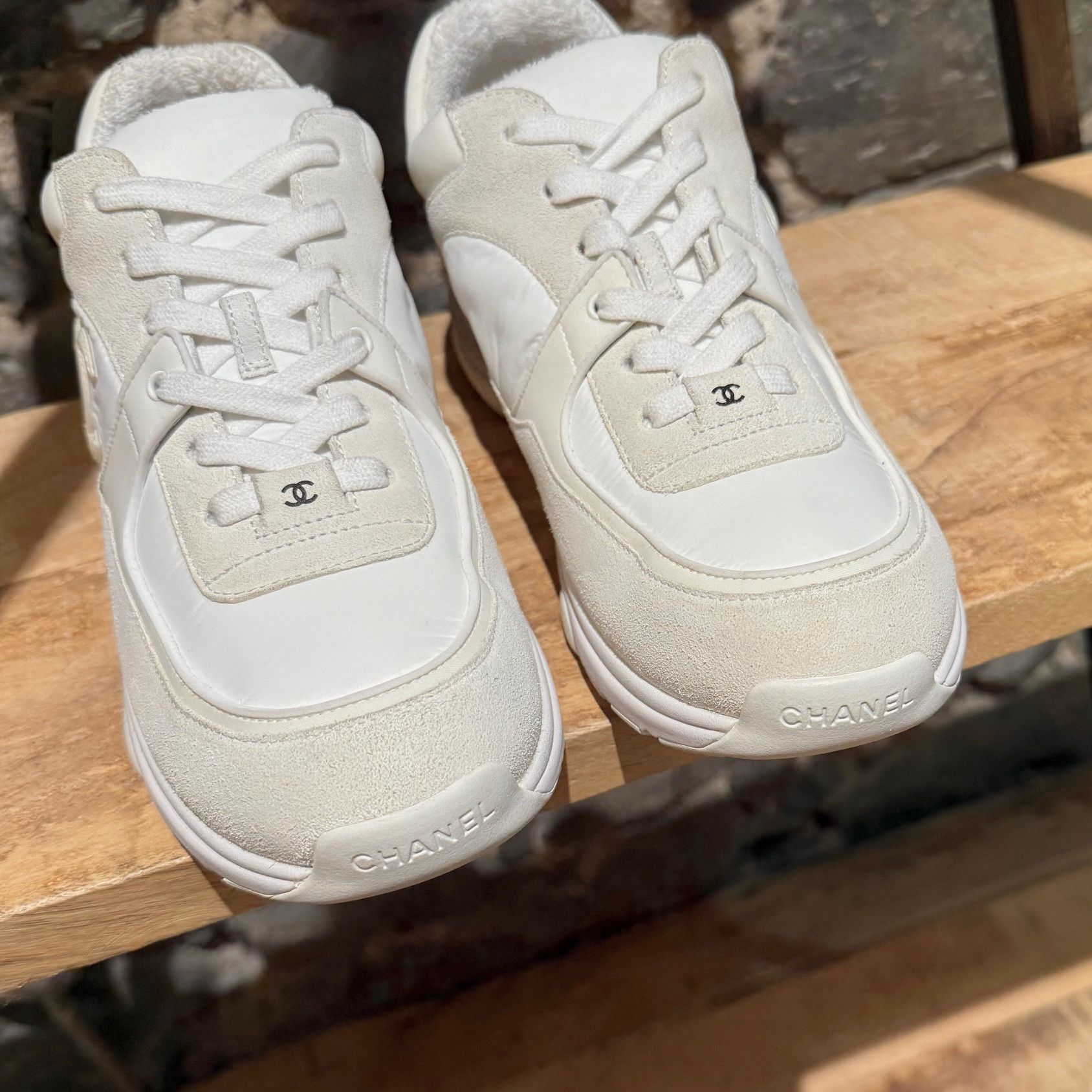 Chanel White Ivory Suede Nylon CC Reflective Sneakers