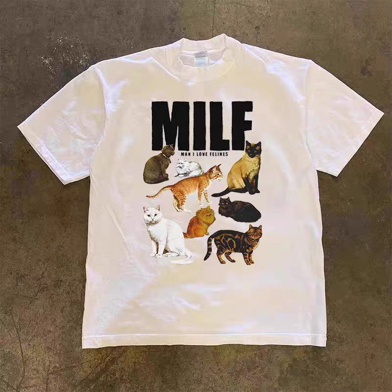 Vintage White retro cat print cotton t-shirt Size US M / EU 48-50 / 2 - 1 Thumbnail