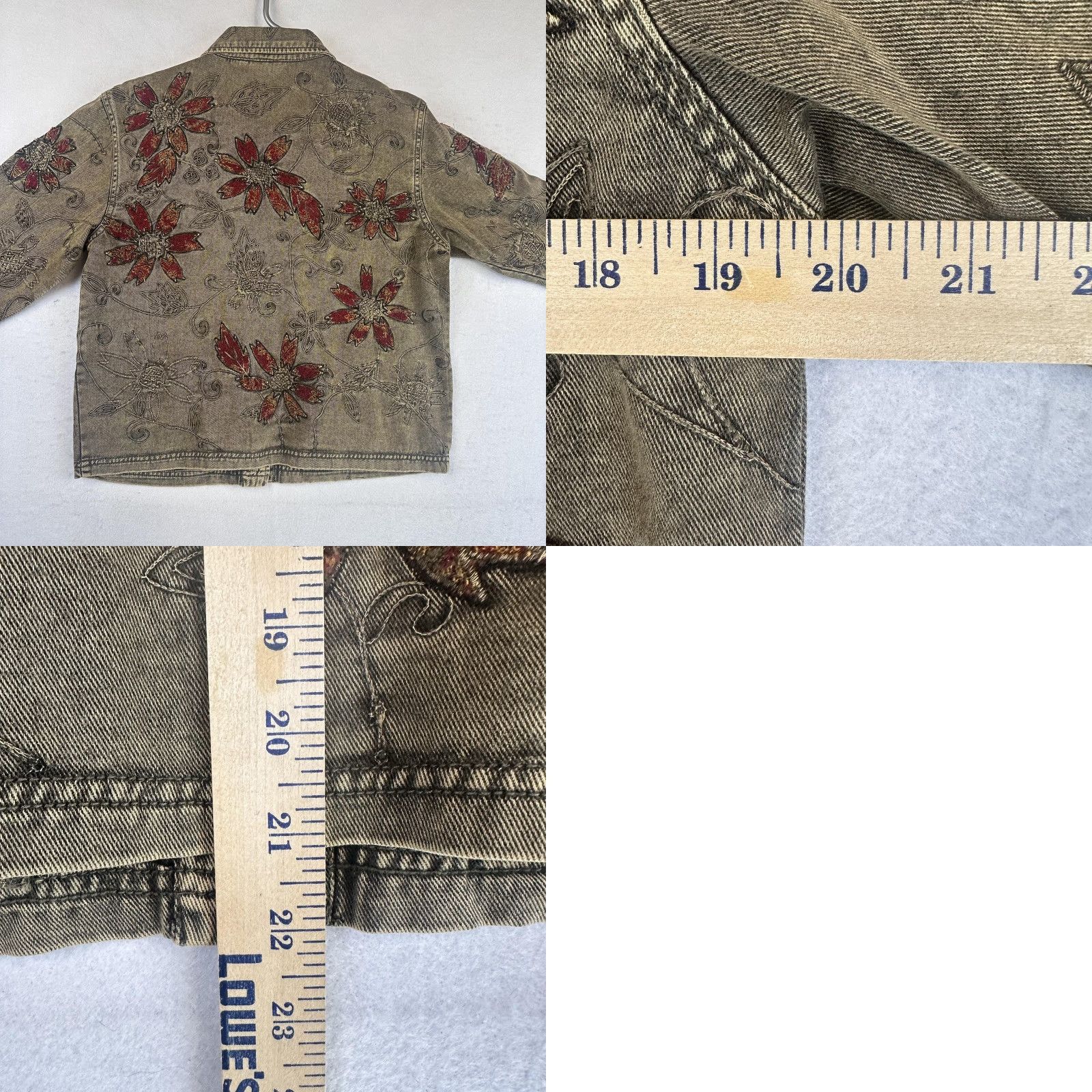 Vintage Chico's Jacket Womens 0 Small Khaki Floral Embroidered Denim Button Collared Pockets Short Size XS / US 0-2 / IT 36-38 - 10 Thumbnail