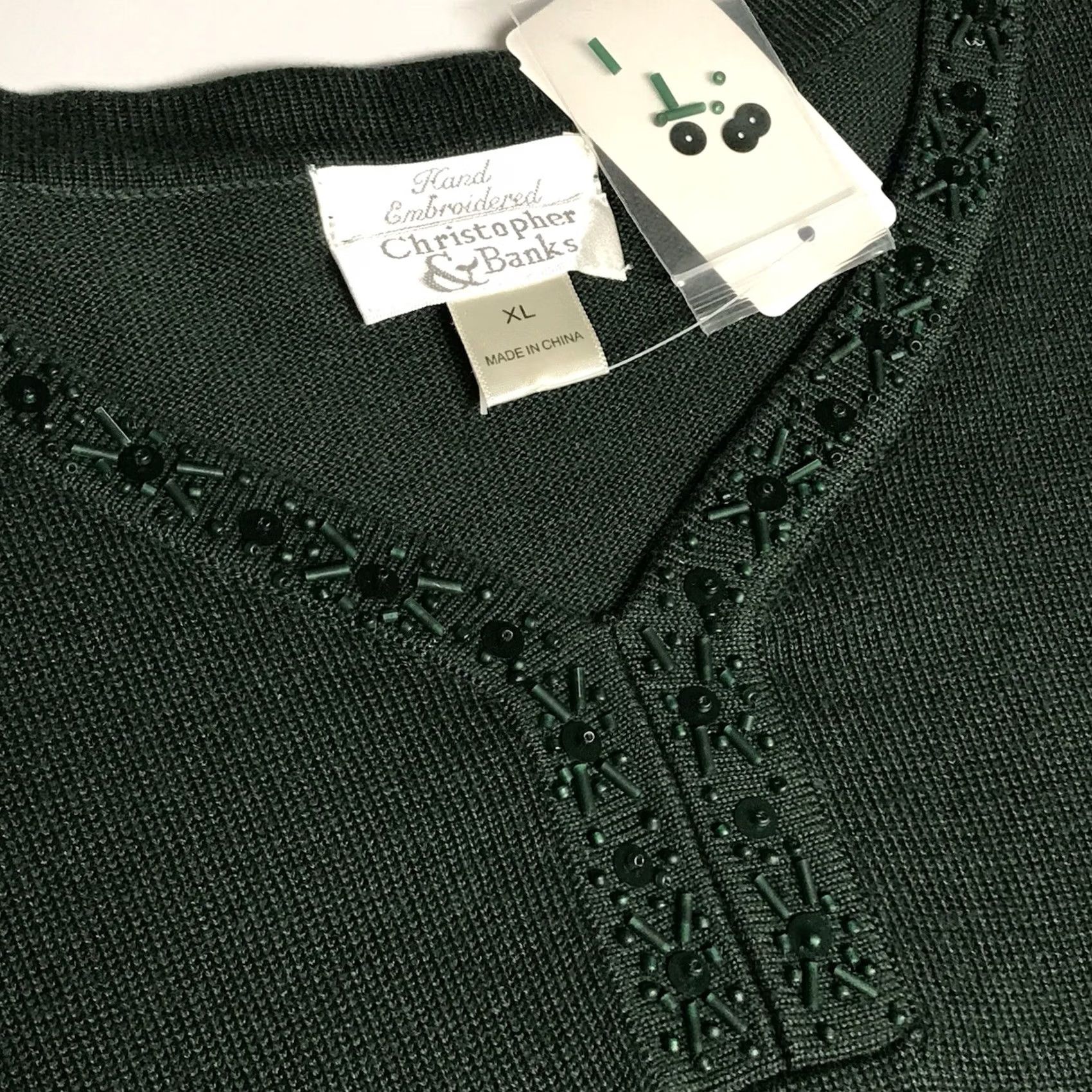 Vintage Christopher & Banks Women Evergreen Hand Embroidered Beaded V-Neck Long Sleeve Top Blouse Shirt XL Size XL / US 12-14 / IT 48-50 - 2 Thumbnail