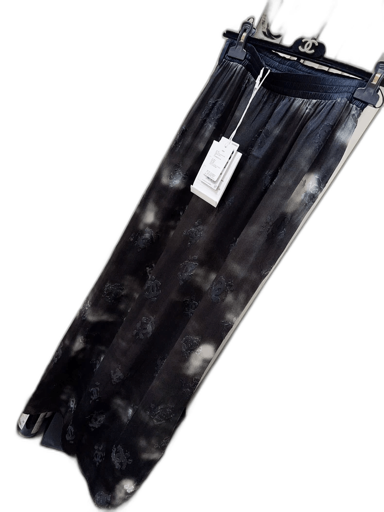 Chanel 22A Black CC Print Silk Long Skirt