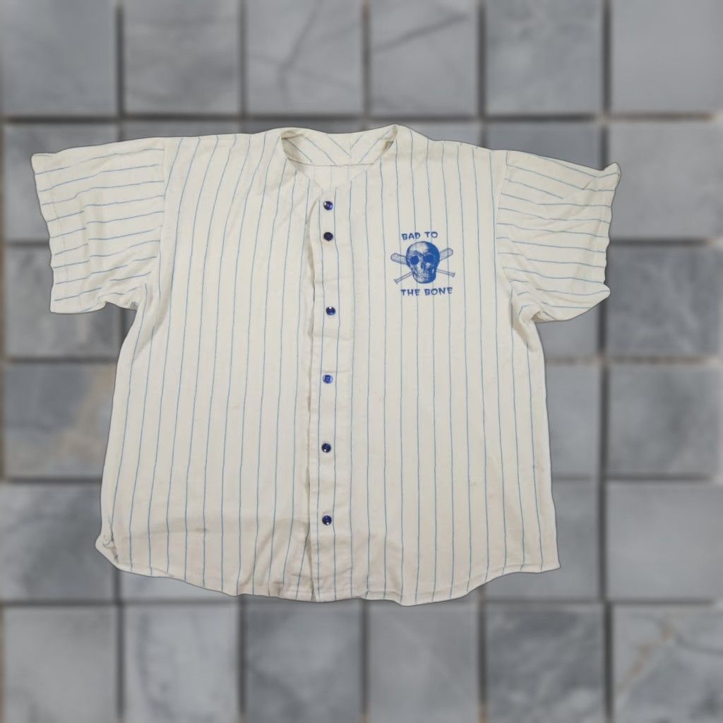 Bones VINTAGE Bad to the Bone Blue Striped Shirt Adult Large 90s Skull Mens Size US L / EU 52-54 / 3 - 1 Thumbnail