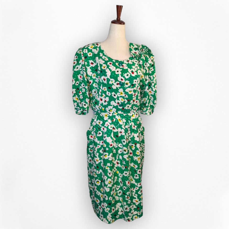 Nina Ricci × Vintage Vintage 80s kelly green floral silk dress sz FR 46 US 12 Size XL / US 12-14 / IT 48-50 - 1 Thumbnail