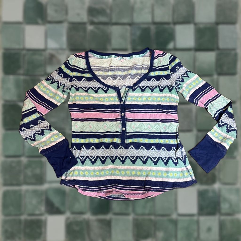 Victoria's Secret Victoria's Secret Sleepshirt Pajama Top Blue Pink Thermal Button S Womens Small Long Sleeve Sleep Shirt Size S / US 4 / IT 40 - 1 Thumbnail