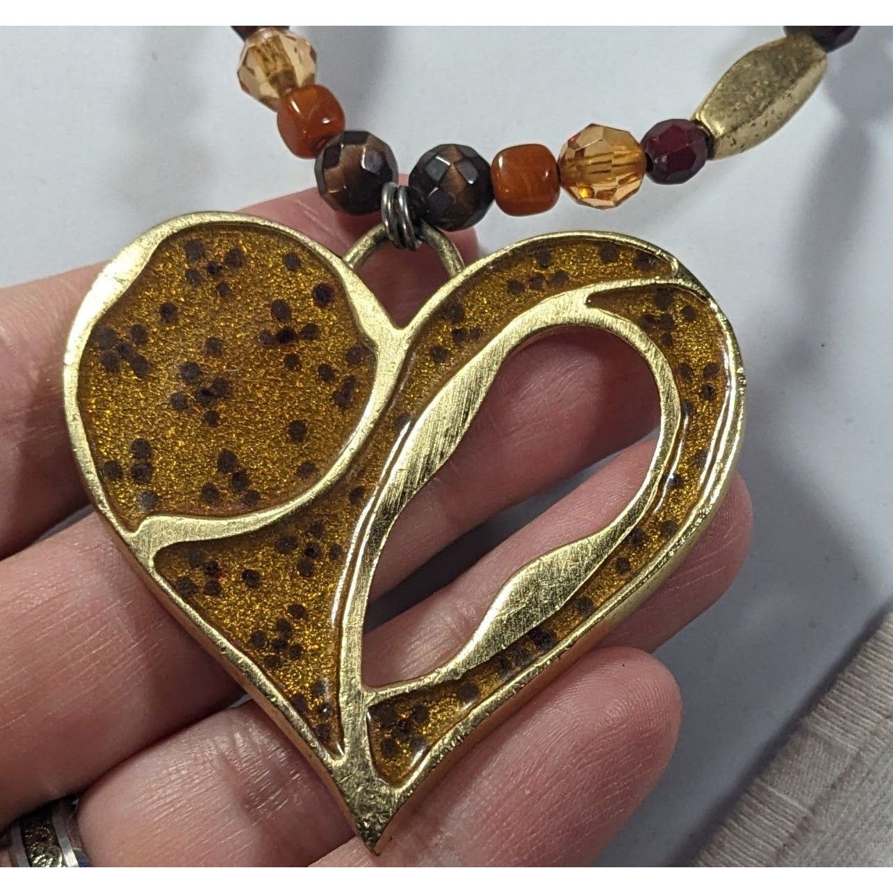 Other Chunky Unique Heart Pendant Necklace Brown And Gold Tone Wit Size ONE SIZE - 7 Thumbnail