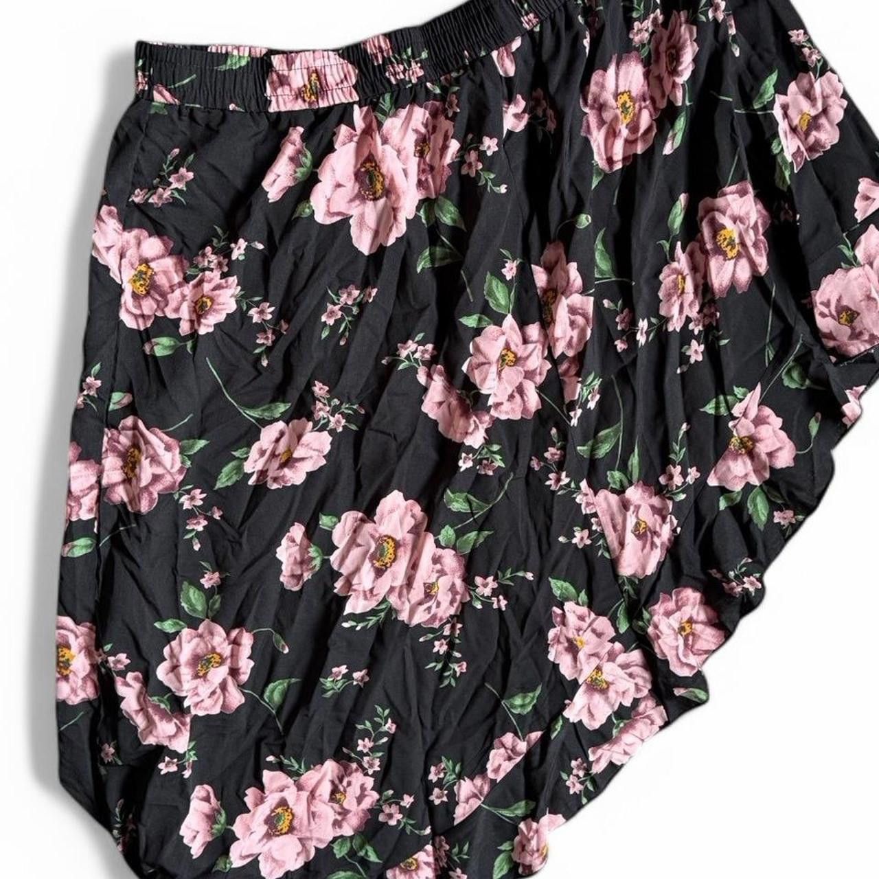 Designer Floral Ruffled Hi-Low Skirt - Black with Pink Flowers Size 42" / US 20 - 5 Thumbnail