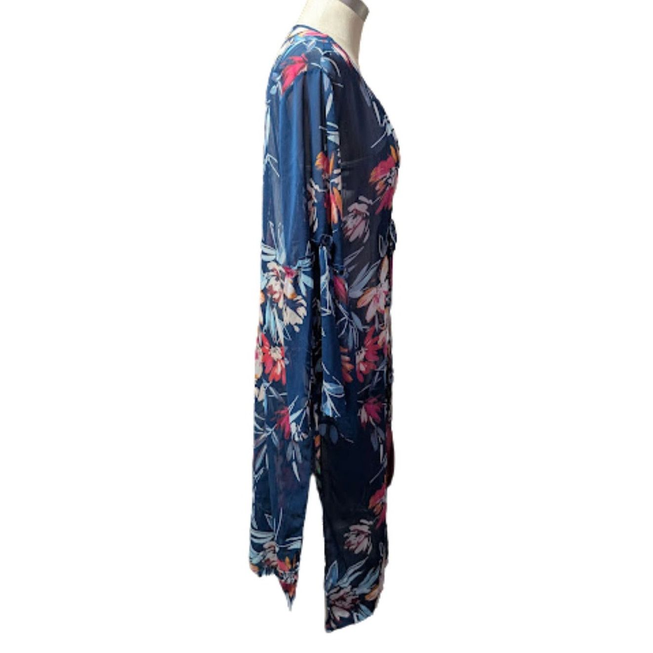Unknown London Band of Gypsies Navy Floral Semi Sheer Bell Sleeve Duster XS Size XS / US 0-2 / IT 36-38 - 3 Thumbnail