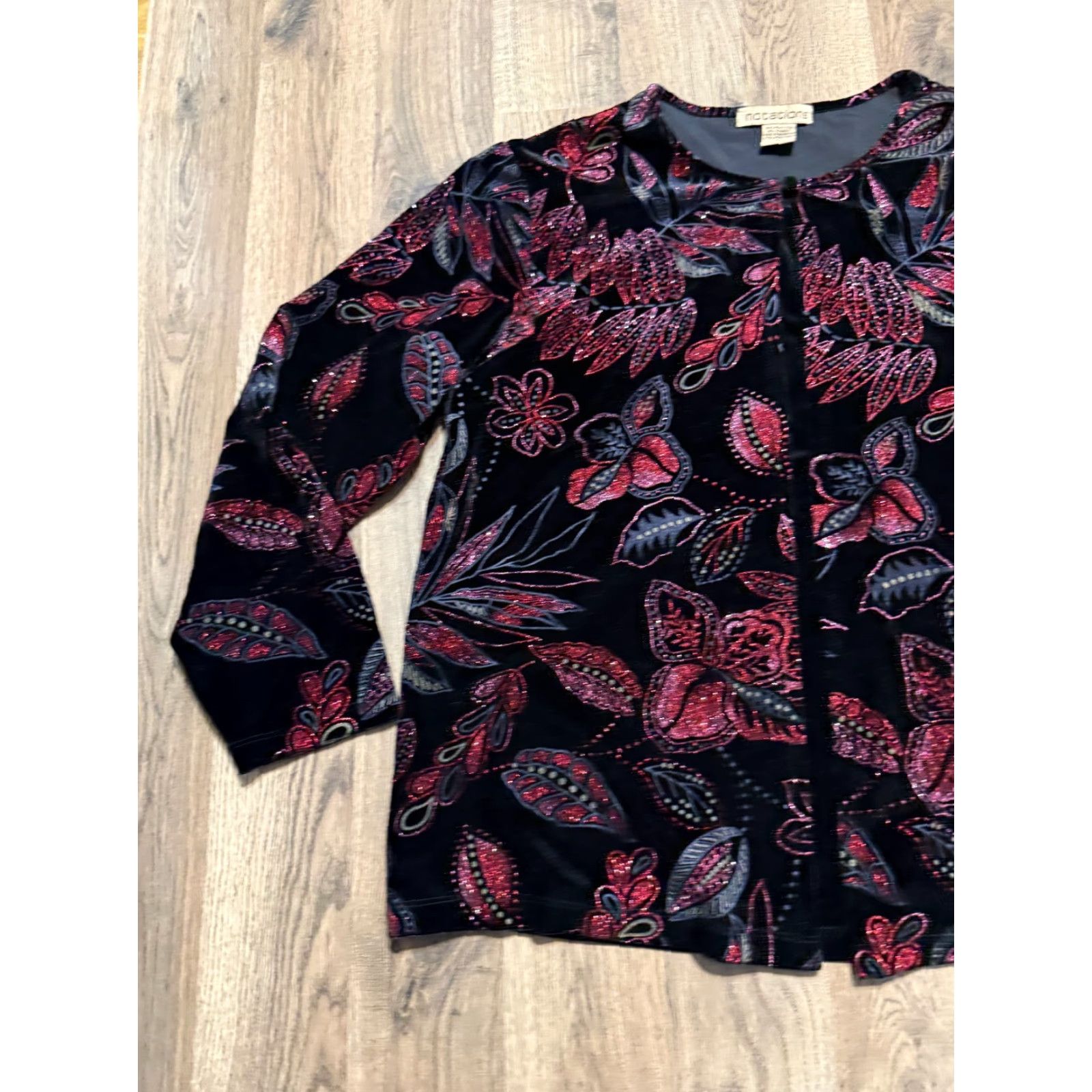 Vintage Notations Blouse Womens XL Black Pink Floral Sparkle One Button Long Sleeve Size XL / US 12-14 / IT 48-50 - 3 Thumbnail