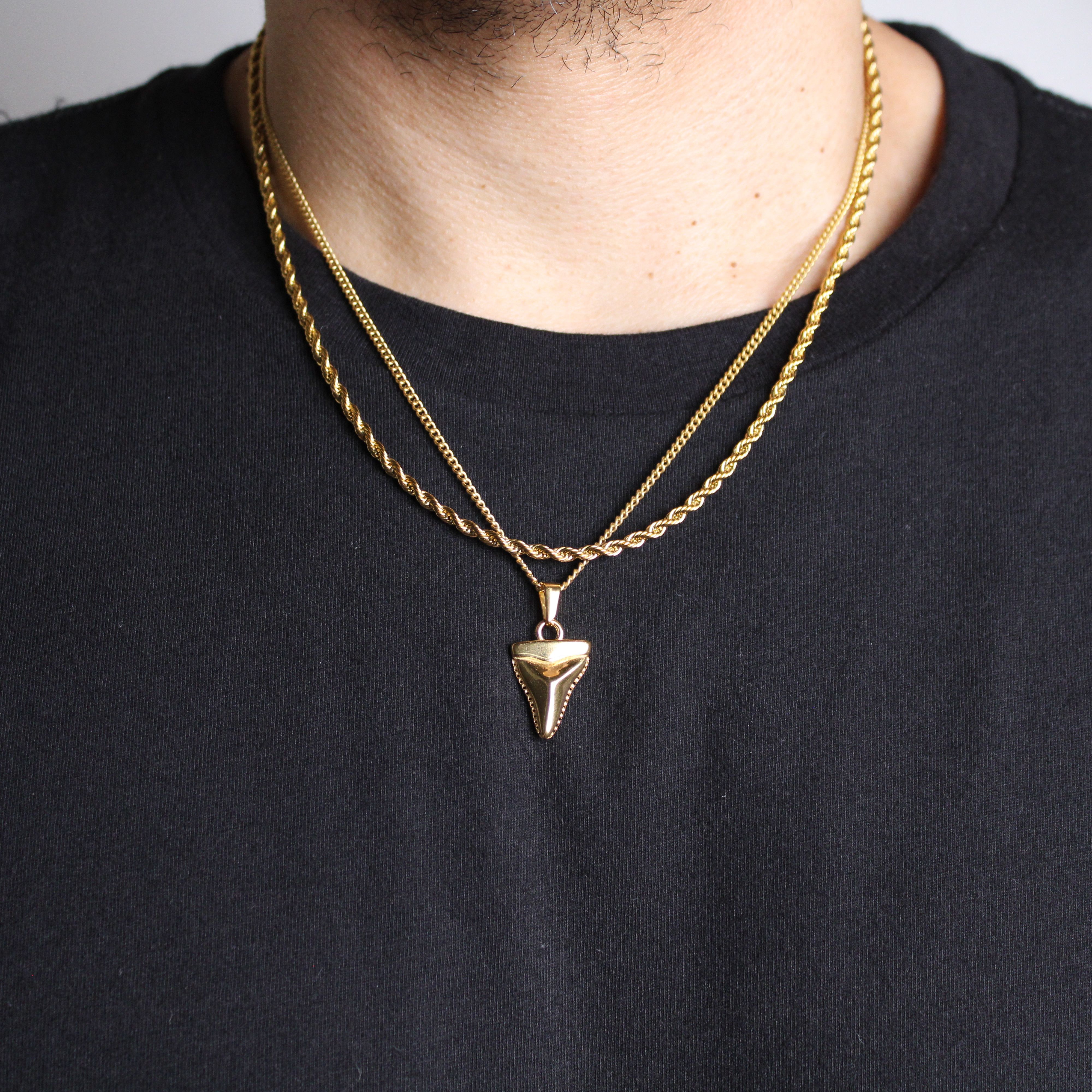 Jewelry Gold Shark Tooth Pendant Necklace & 3mm Rope Chain Set Size ONE SIZE - 2 Thumbnail