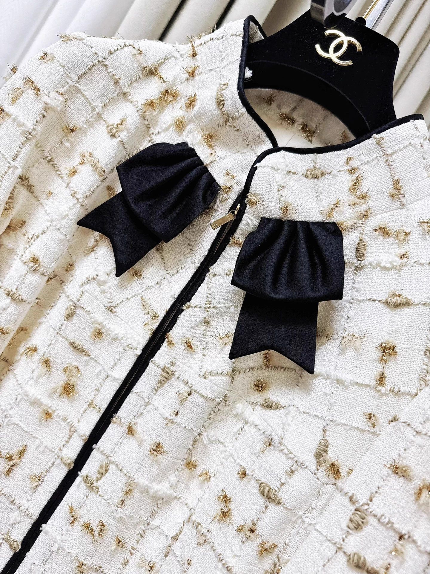 Chanel 19S Black Bow Cream Gold Tweed Jacket 36
