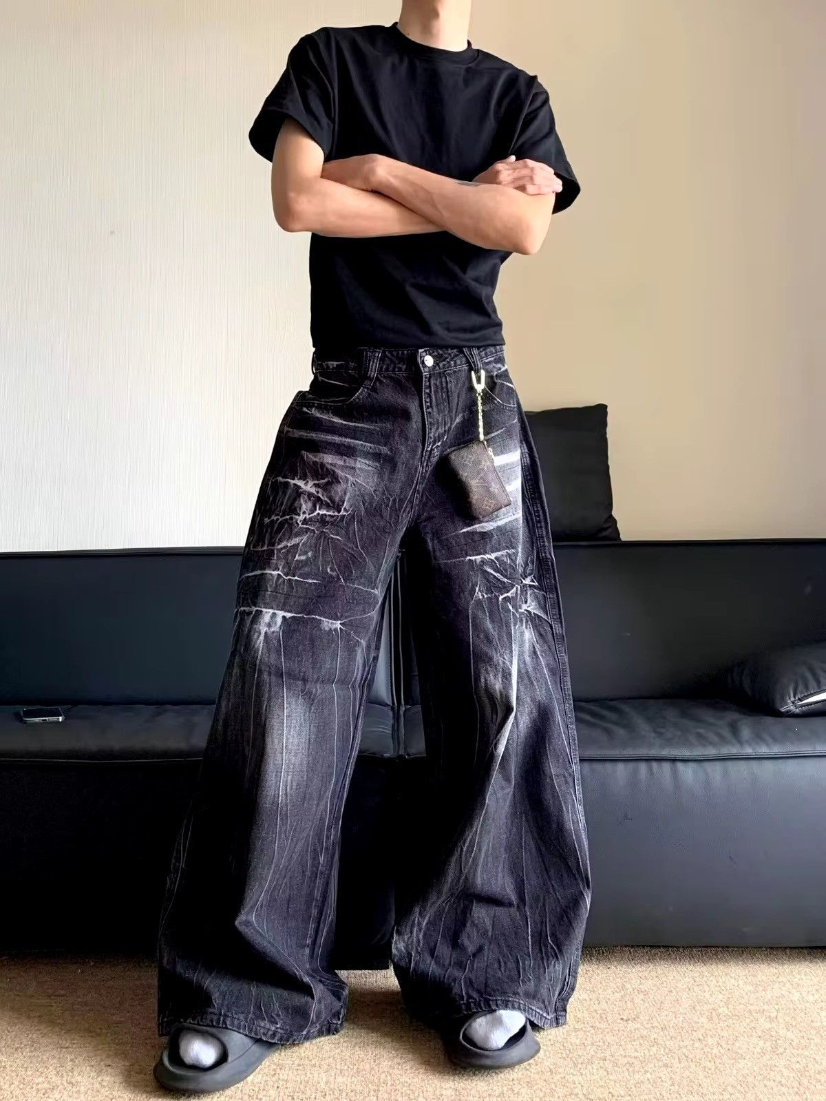 Vintage washed and distressed graffiti stripe baggy jeans