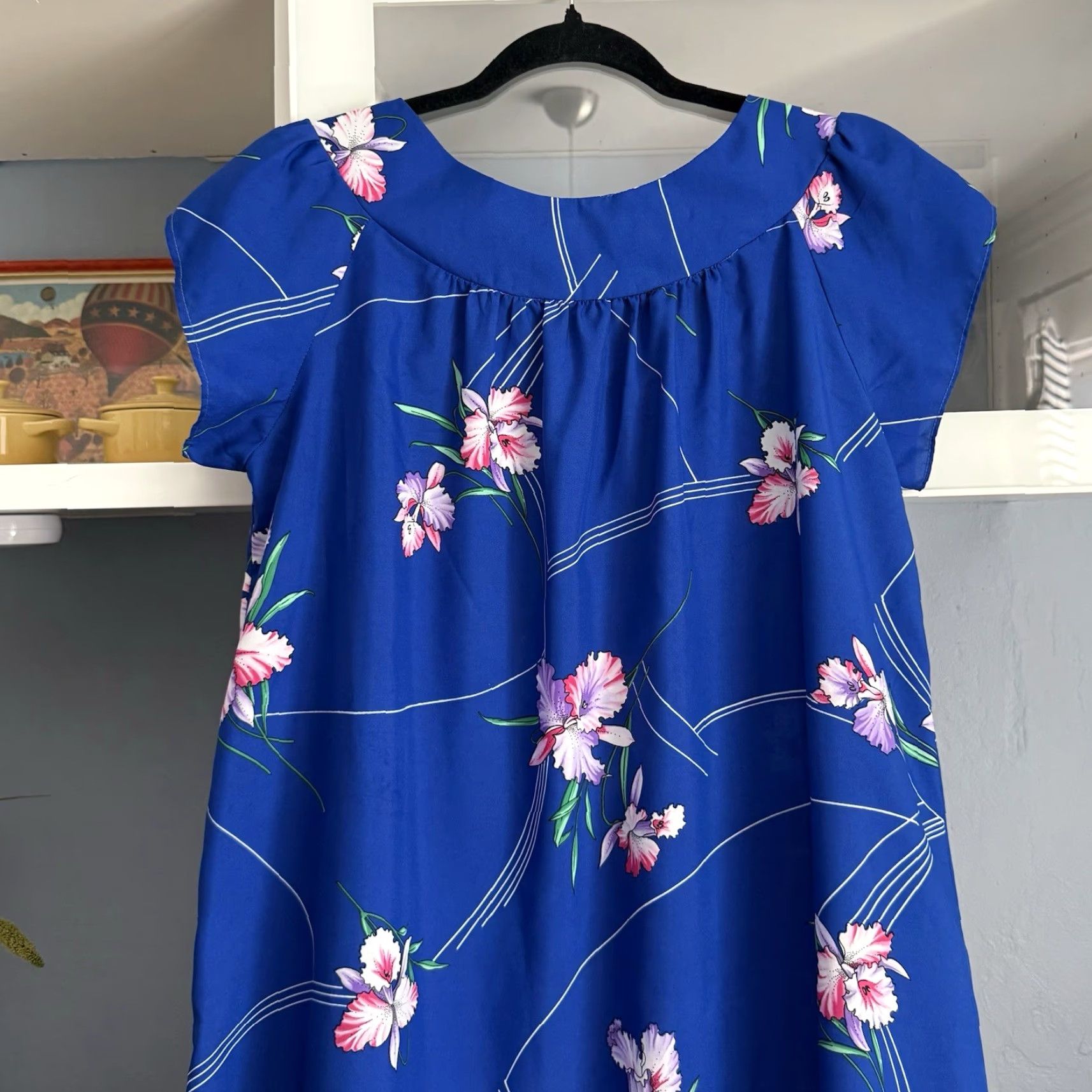 Vintage VINTAGE Hukilau Fashions Hawaiian Dress M/L Blue Floral Maxi Mumu Short Sleeve Puff Sleeve A-Line Women's Dress Size M / US 6-8 / IT 42-44 - 3 Thumbnail