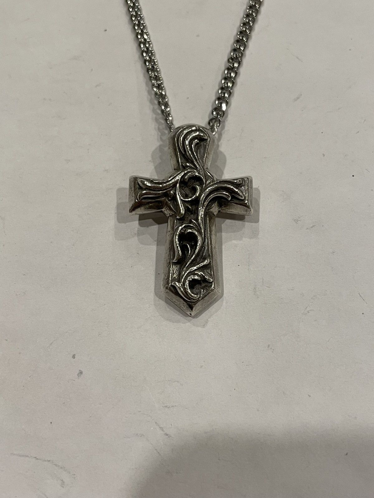 Pre-owned Chrome Hearts Vulcan Cross Pendant Cuban Link Chain Necklace In Silver