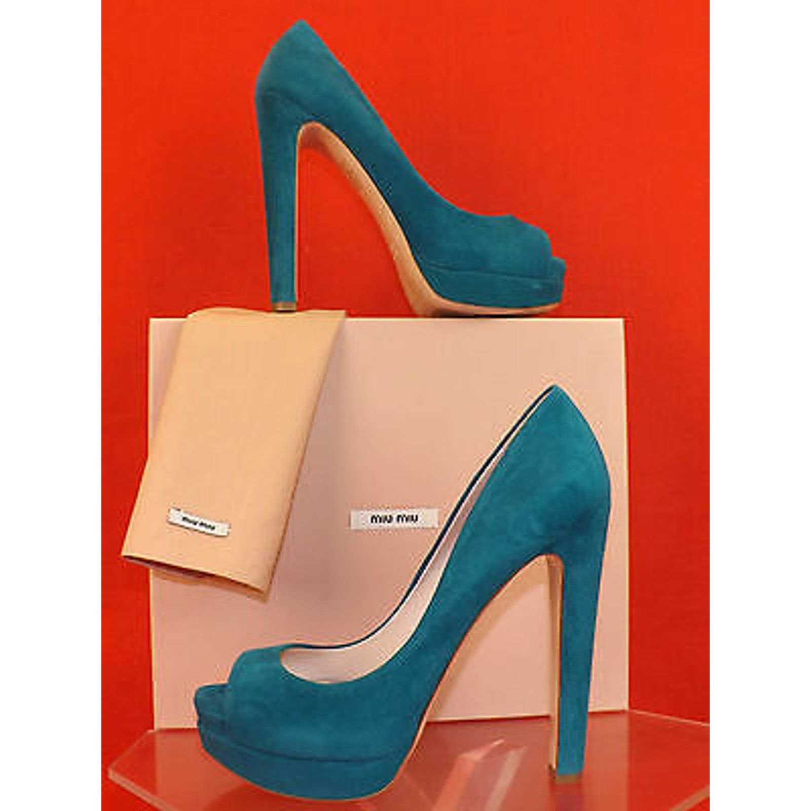Miu Miu 5KP185 TURQUOISE SUEDE PEEP TOE DOUBLE PLATFORM PUMPS 39.5 9 Size US 9.5 / IT 39.5 - 2 Thumbnail