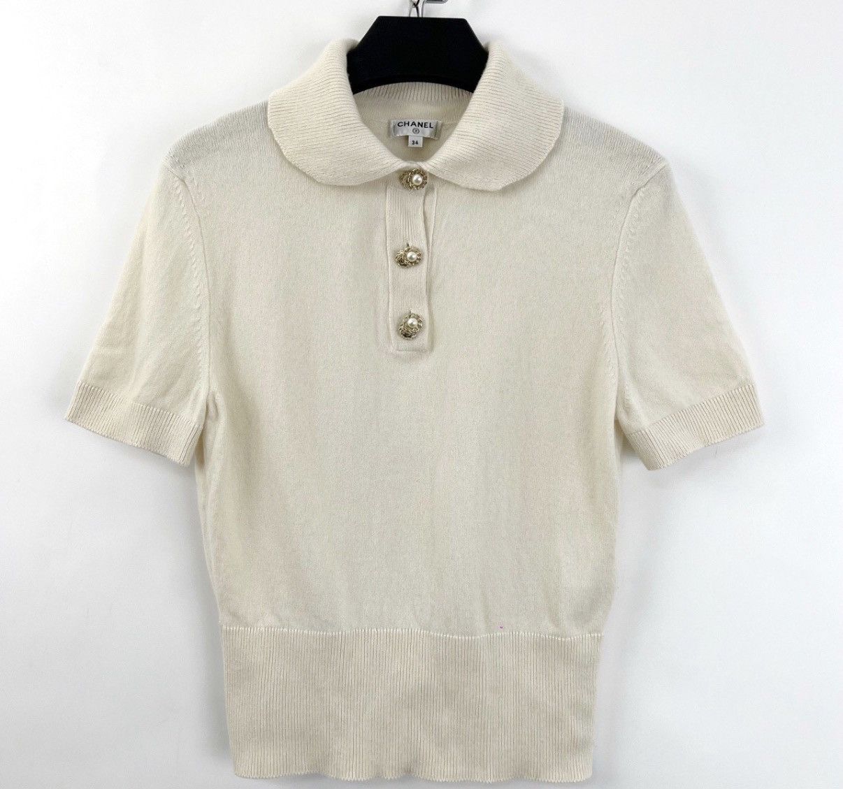 Chanel Chanel/Off-White Pearl Button Lapel Knit Short Sleeve K12 Size XXS / US 00 / IT 34 - 1 Thumbnail