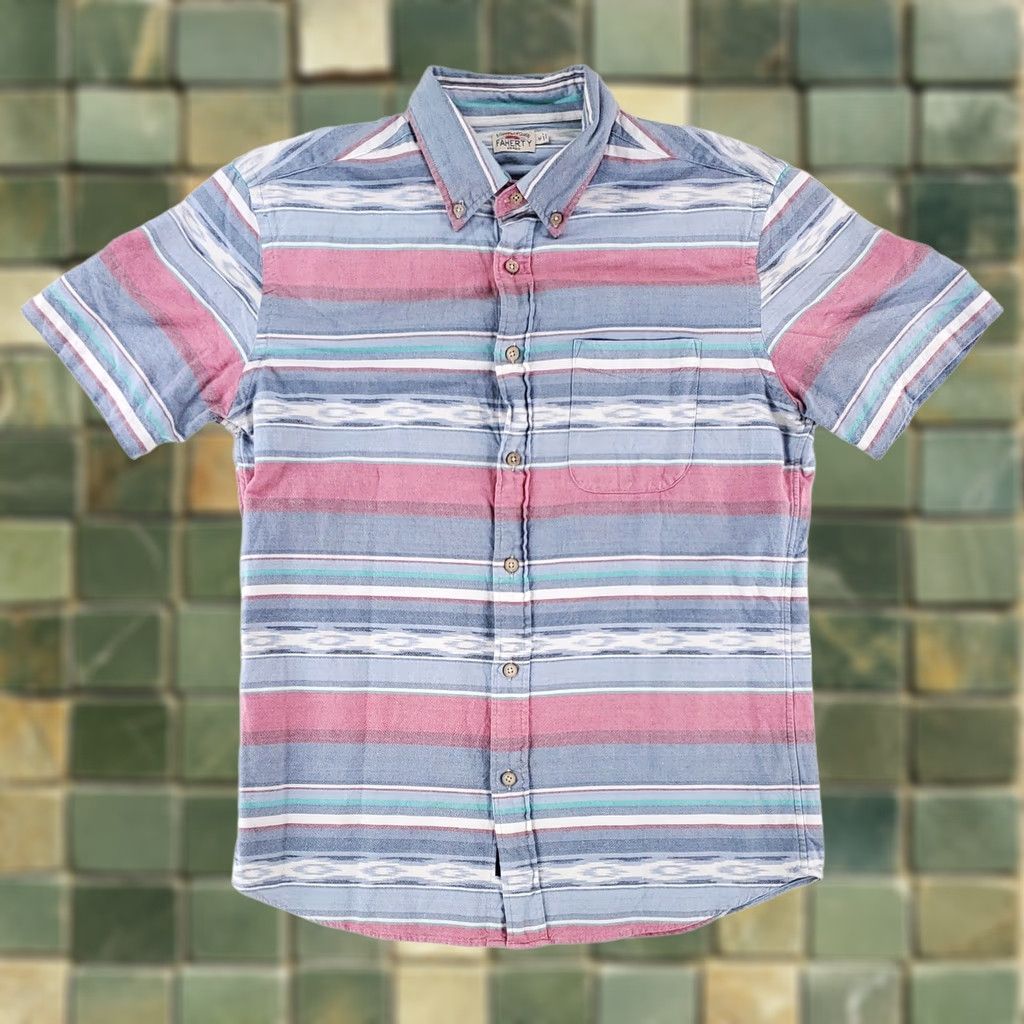 Faherty Faherty Button Down Shirt Short Sleeve Striped Southwest Multicolor Mens M Blue Pink Button-Down Shirt M Mens Size US M / EU 48-50 / 2 - 1 Thumbnail