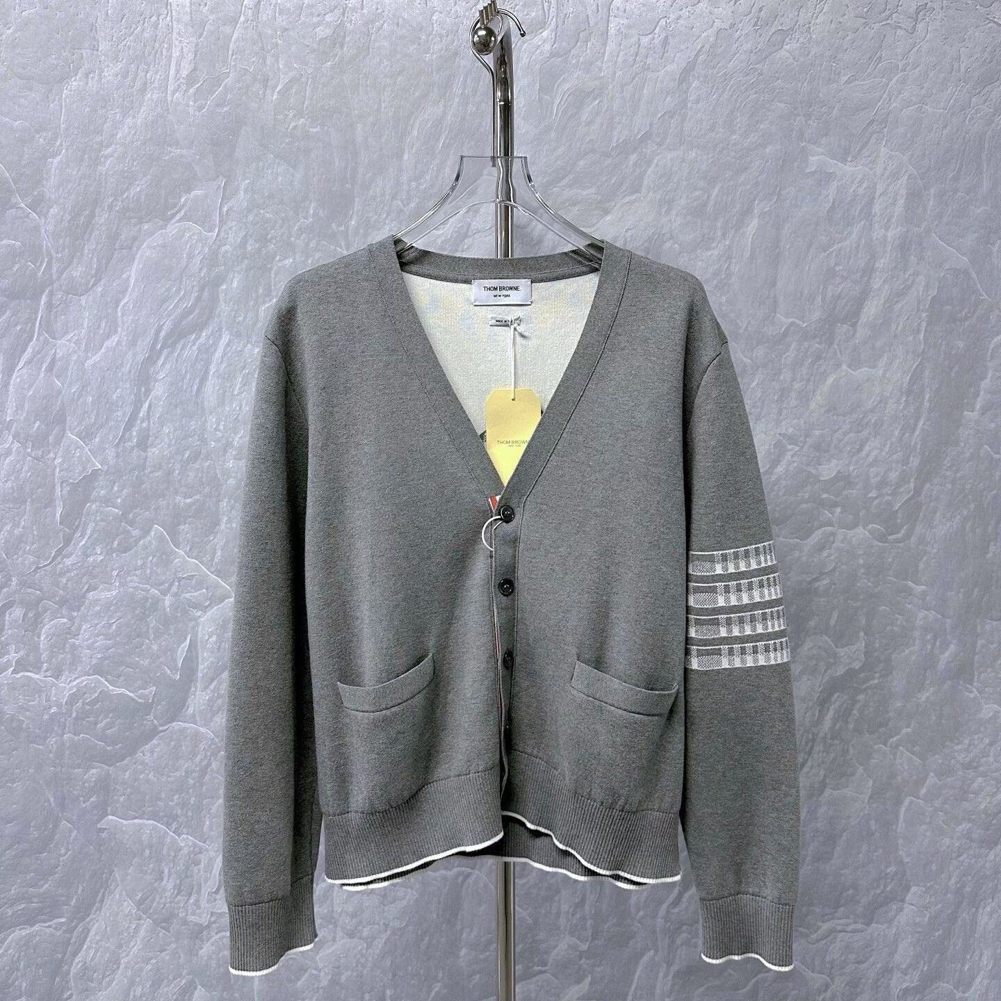 thom browne v-neck cardigan in gray