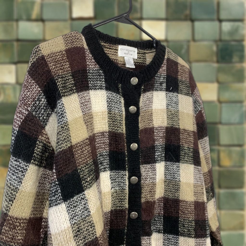 Vintage VINTAGE Christopher & Banks Plaid Brown Wool Blend Sweater Cardigan Size Large Women Crew Neck Long Sleeve Size L / US 10 / IT 46 - 1 Thumbnail