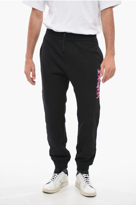 image of Versace Og1Mm0524 Flocked Cotton Sweatpants In Black, Men's (Size 36)