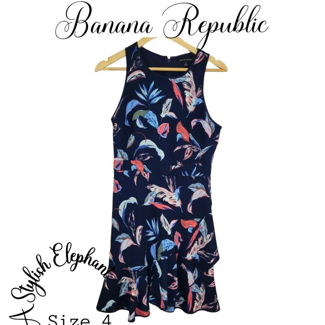Banana Republic VINTAGE Banana Republic Dress Womens 4 Navy Blue Floral Leaf Sheath Ruffle Fitted Career Size S / US 4 / IT 40 - 2 Thumbnail