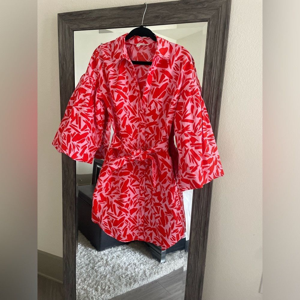 Veronica Beard Veronica Beard red and pink puff sleeve button dress Size XS / US 0-2 / IT 36-38 - 2 Thumbnail