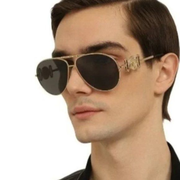 image of New Versace Ve2249 - 100281 Polarized Aviator Sunglasses in Gold, Men's