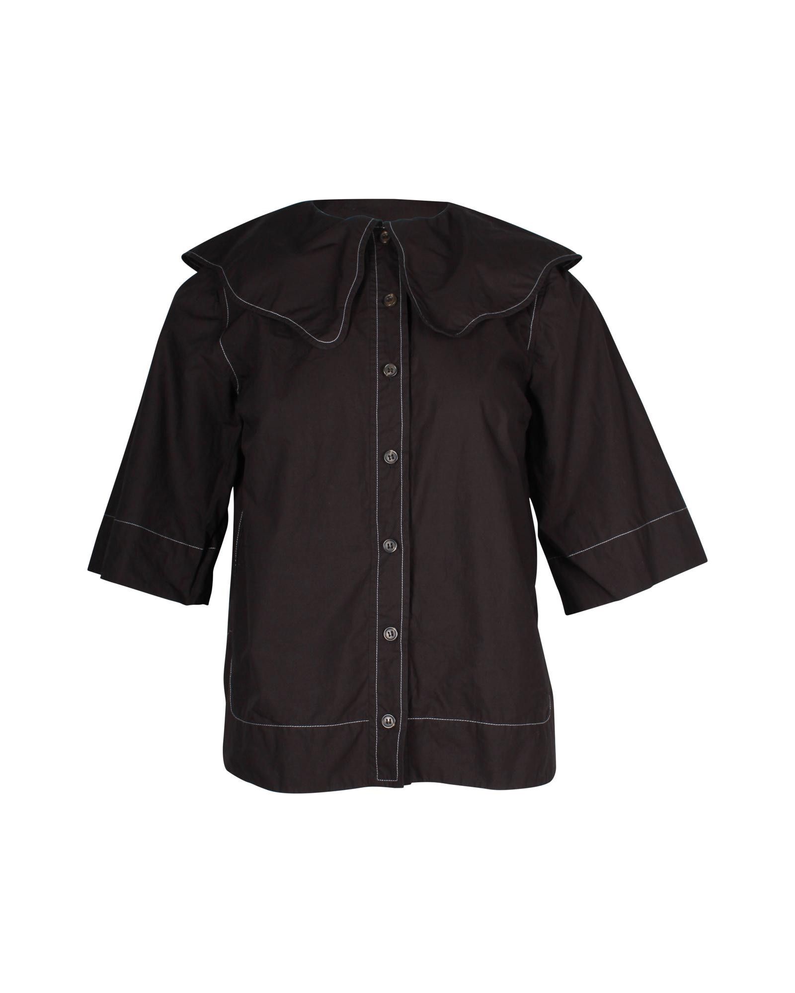 image of Ganni Unique Collar Black Cotton Button-Up Blouse, Women's (Size Small)