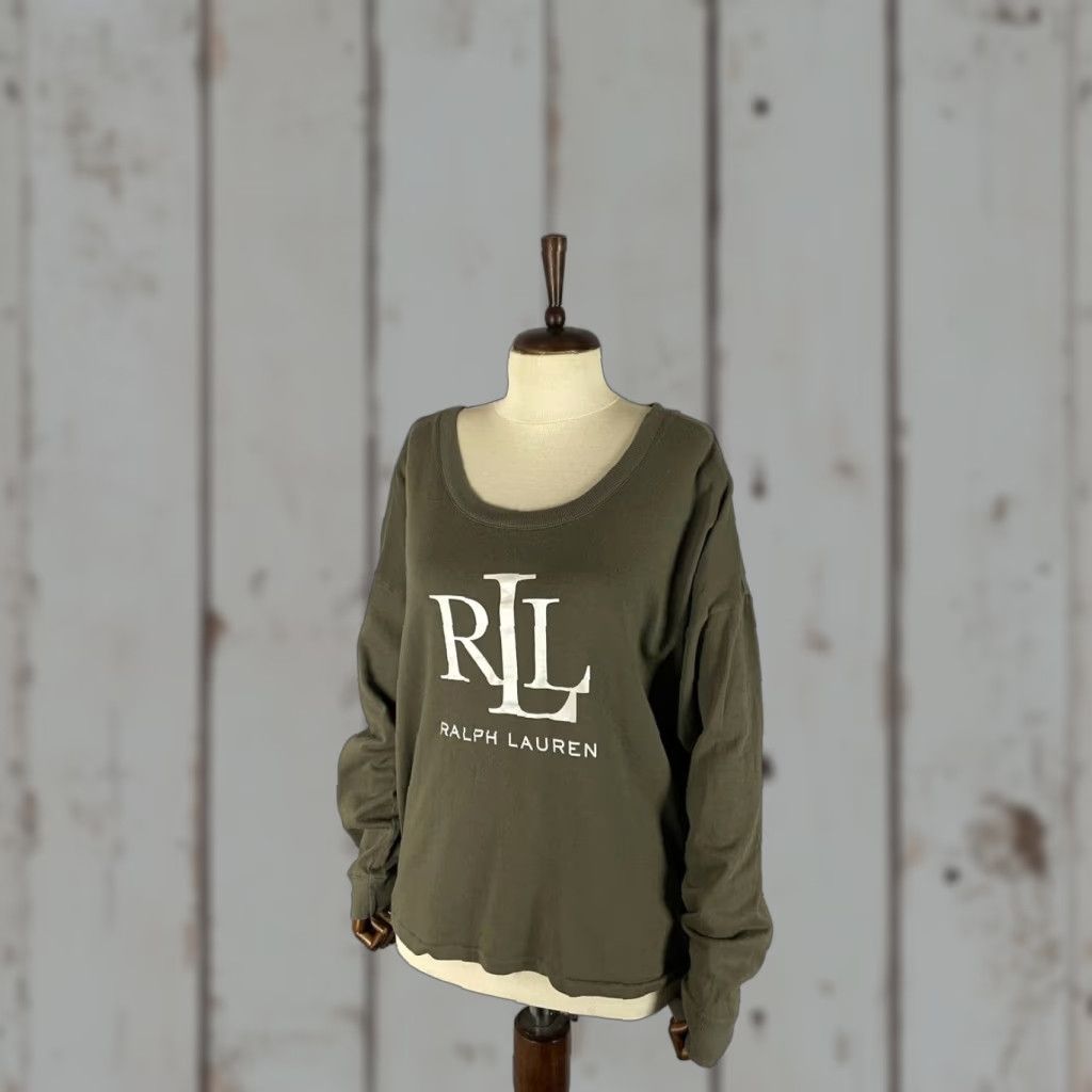 Ralph Lauren Lauren Ralph Lauren Sweatshirt Womens 2XL Olive Green Cotton Scoop Neck Pullover Crew Neck All Seasons Solid Long Sleeve Autumn Size XXL / US 16-18 / IT 52-54 - 1 Thumbnail