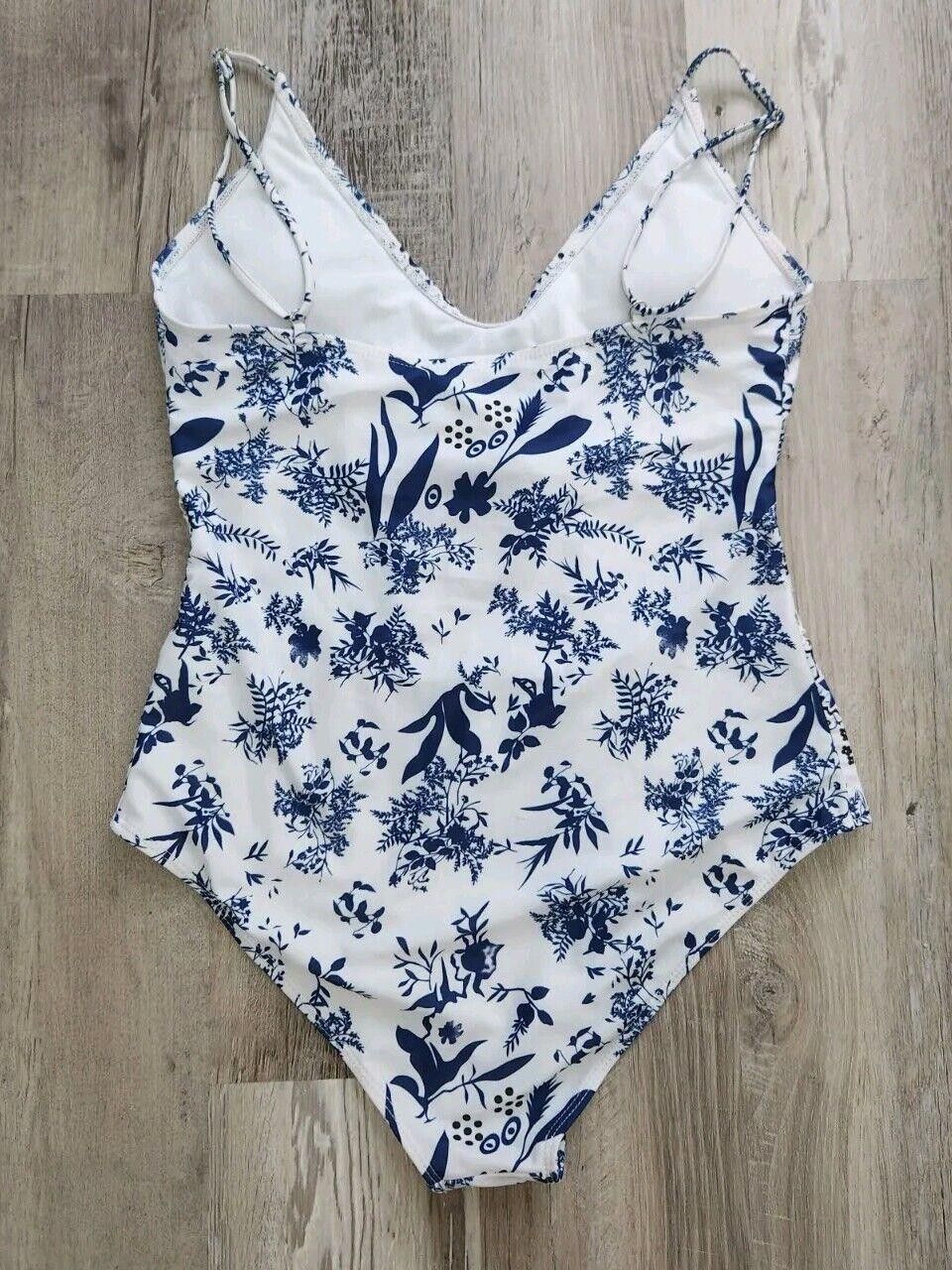Designer Womens One Piece Swimsuit Blue White Extra Large (Runs Small Size ONE SIZE - 3 Thumbnail