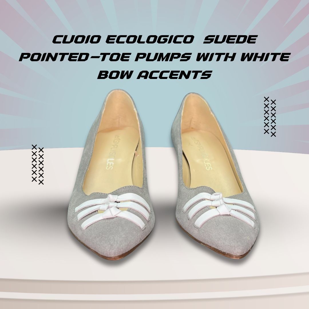 Other Cuoio Ecologico Gray Suede Pointed-Toe Pumps With White Bow Size US 9.5 / IT 39.5 - 1 Thumbnail