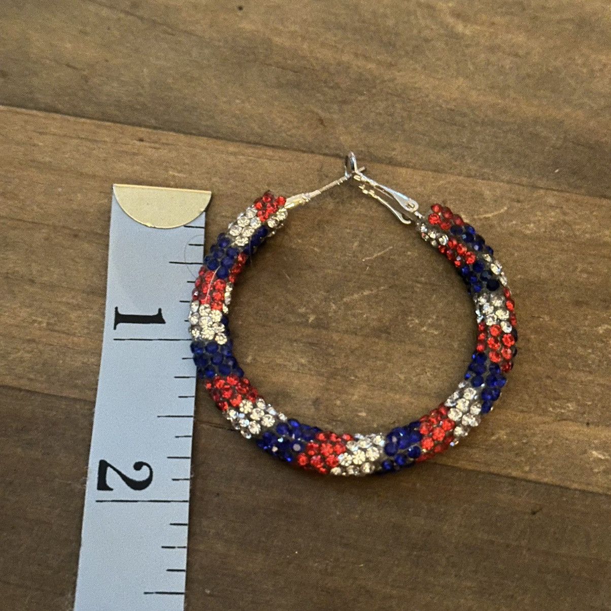Other Red white and blue striped rhinestone hoop earrings Size ONE SIZE - 3 Thumbnail