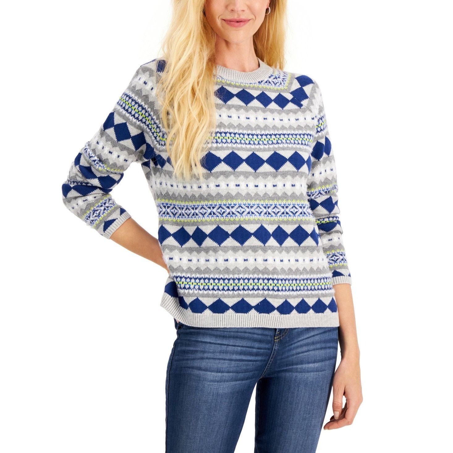 Style & Co Style & Co Fair Isle Crew-Neck Sweater, Stripe Gray, Sz. XS- Size XS / US 0-2 / IT 36-38 - 1 Thumbnail