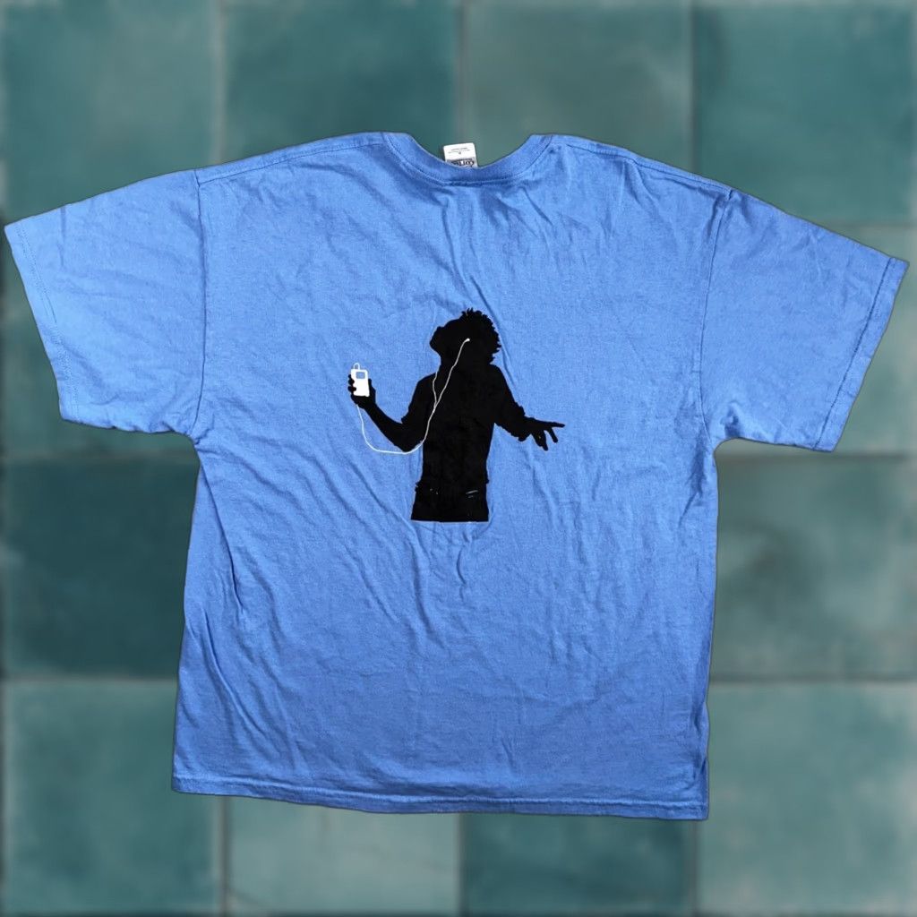 VINTAGE Gildan T-Shirt Men XL Blue Rock On Apple Rare iTunes Promo VTG 2000 70s 80s 90s Concert Dance Commercial