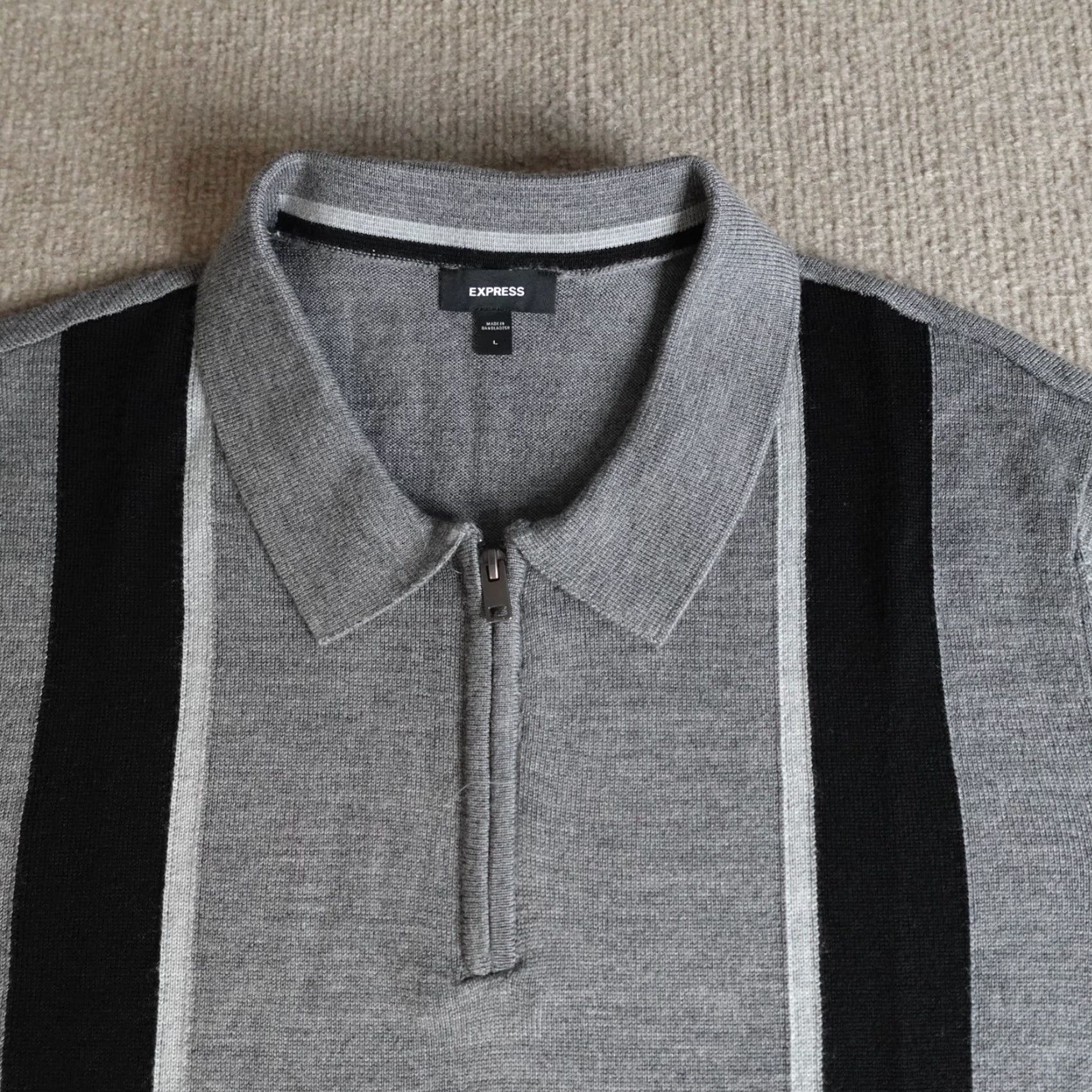 Express Express Mens Sweater Large Gray Striped 100% Merino Wool Cardigan Knit Wool Crew Neck Casual Winter Fall Spring Dept Men Size L Regular Heather gray Size US L / EU 52-54 / 3 - 2 Thumbnail