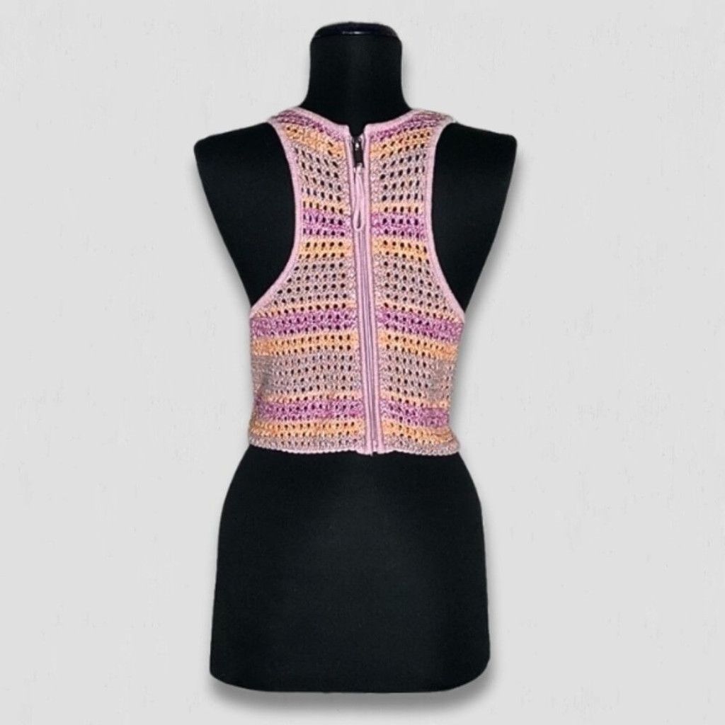 Cotton On Crochet Crop Tank Top Back Zip Knitted Pink/Purple sz M Size L / US 10 / IT 46 - 4 Thumbnail