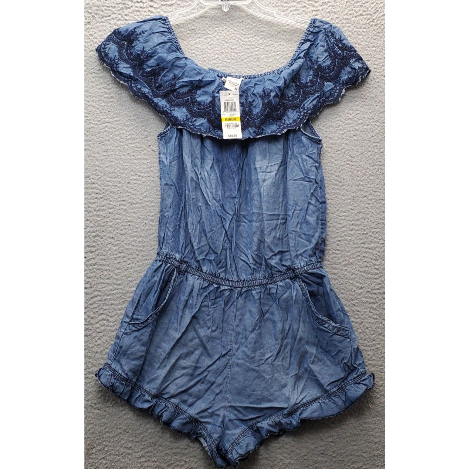 Vintage American Rag Cie Romper Womens Size M Denim Off-The-Shoulder Sleeveless Blue Size 32" / US 10 / IT 46 - 2 Thumbnail