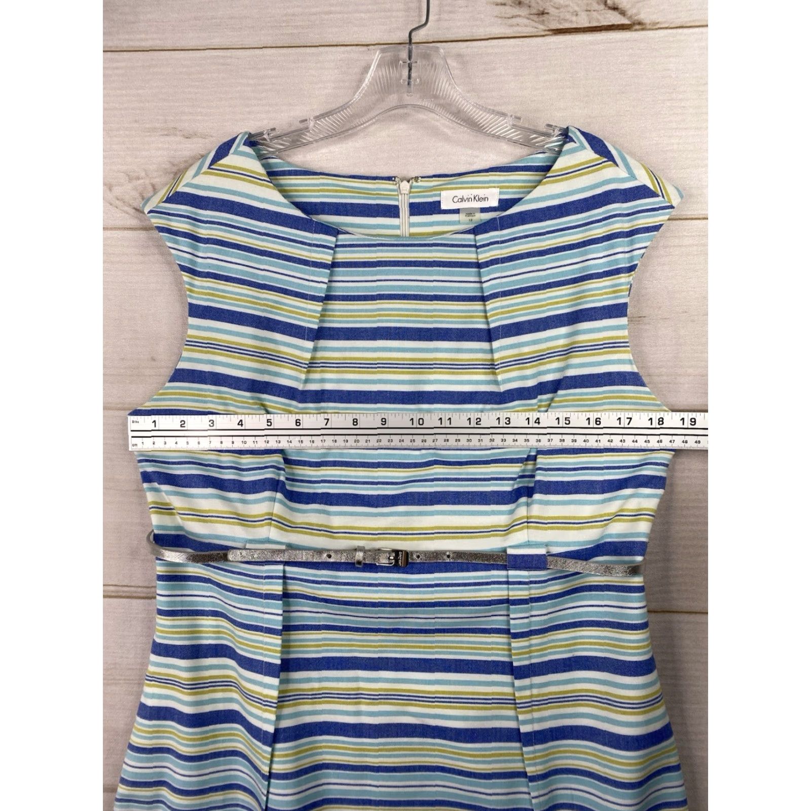 Calvin Klein Calvin Klein Dress Sz 12 Blue Striped Sheath Silver Metallic Belt Lined Stretch Size XL / US 12-14 / IT 48-50 - 3 Thumbnail