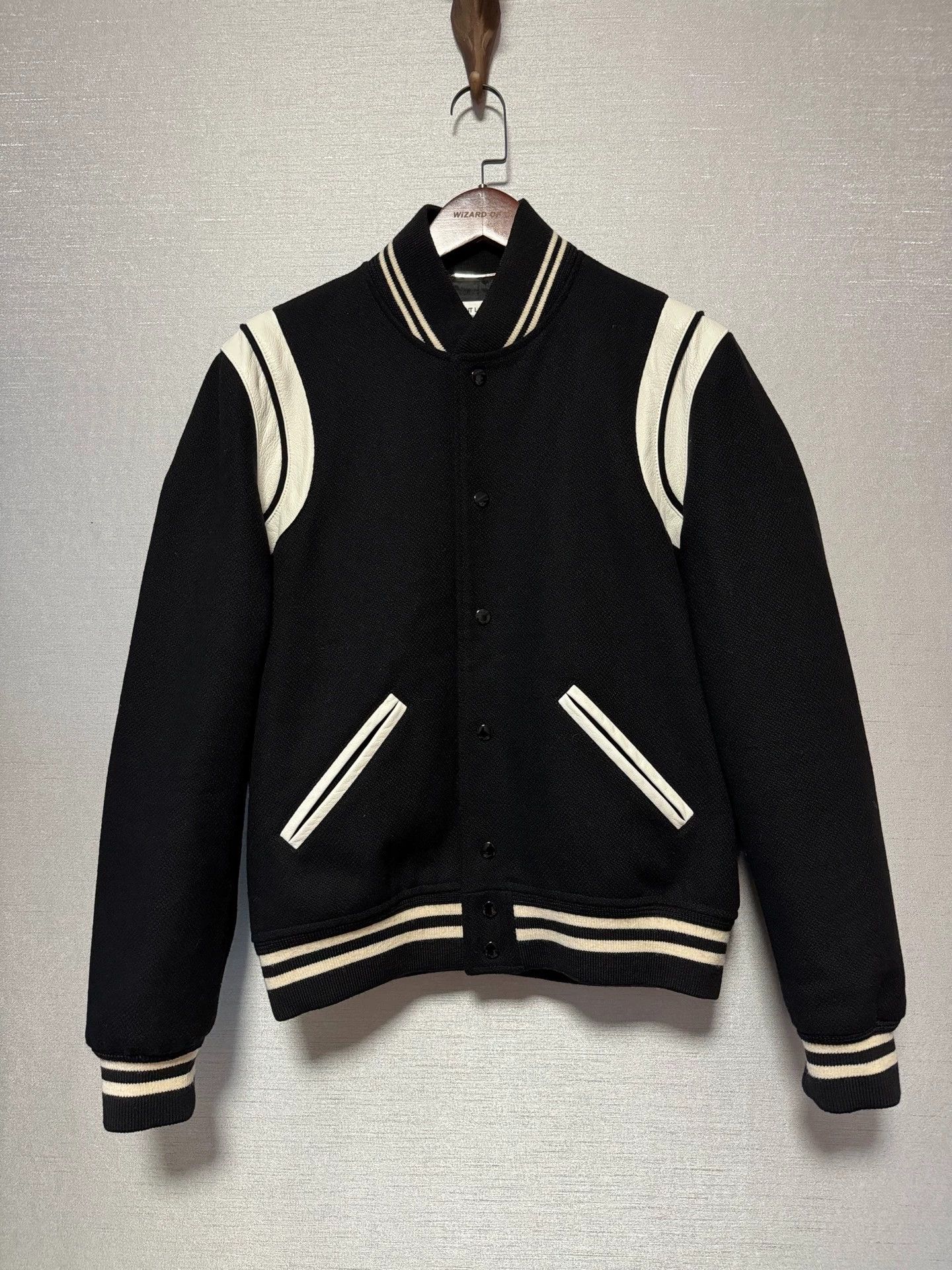 Saint Laurent Paris SLP wool leather panel baseball jacket black white Size US M / EU 48-50 / 2 - 1 Thumbnail