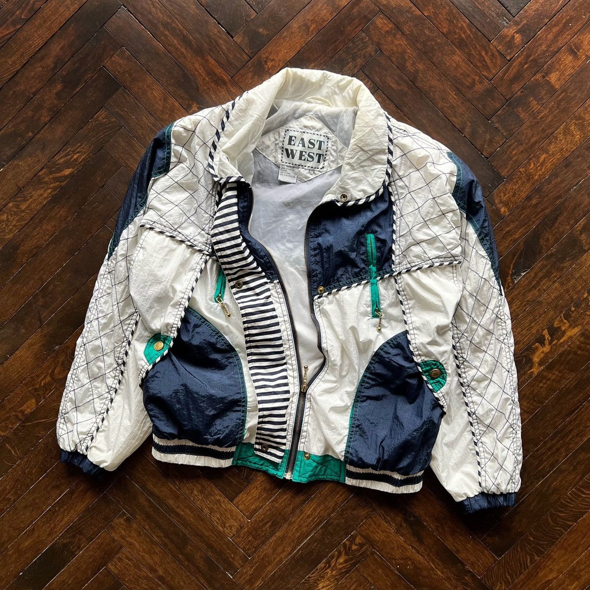 Designer × Vintage East West Vintage 90s Nylon Unisex Zip Jacket White Blue Size M / US 6-8 / IT 42-44 - 2 Thumbnail