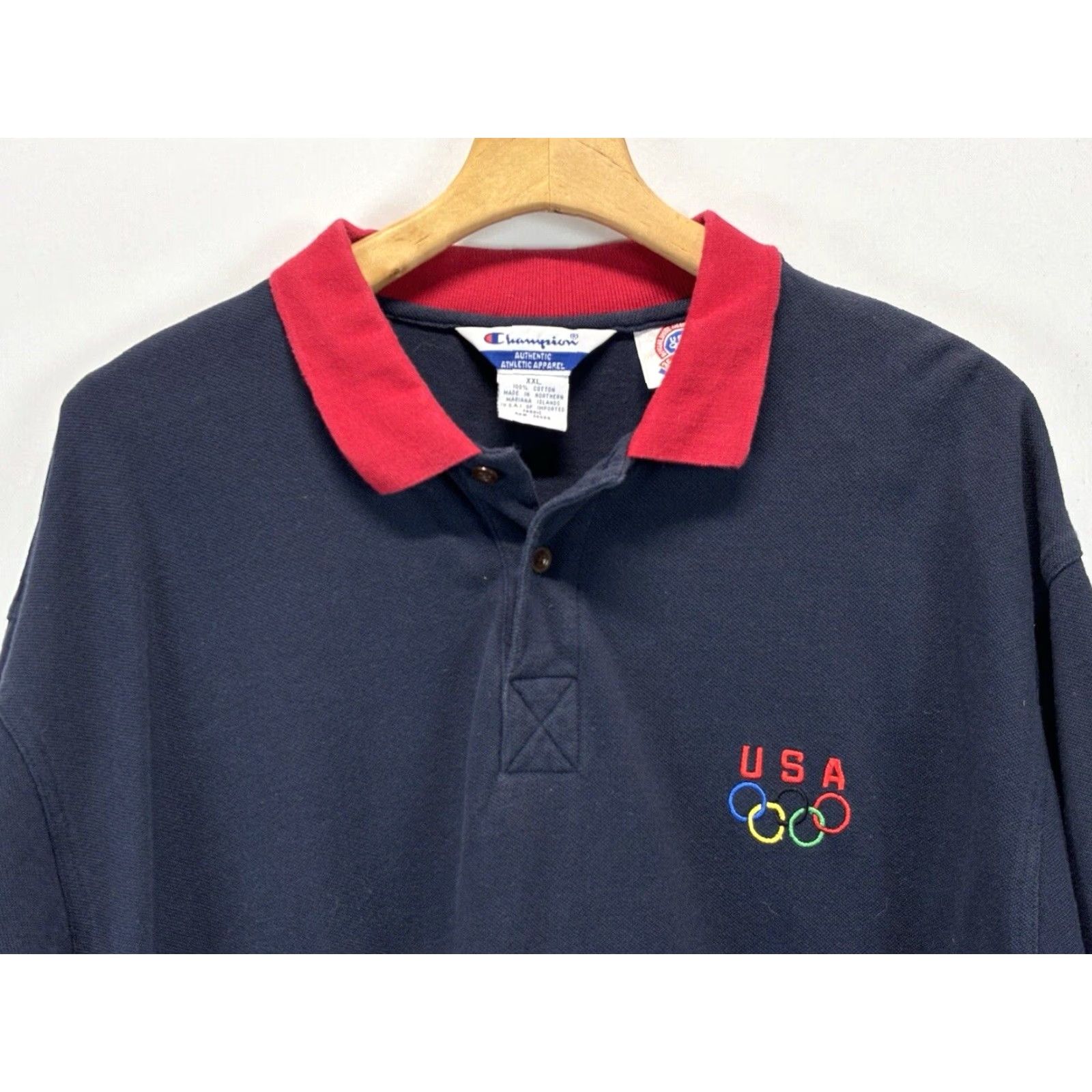 Champion VINTAGE Champion American Flag Olympic Polo Shirt 2XL Mens Short Sleeve Red White Blue USA Stars & Stripes Polo Size US XXL / EU 58 / 5 - 2 Thumbnail