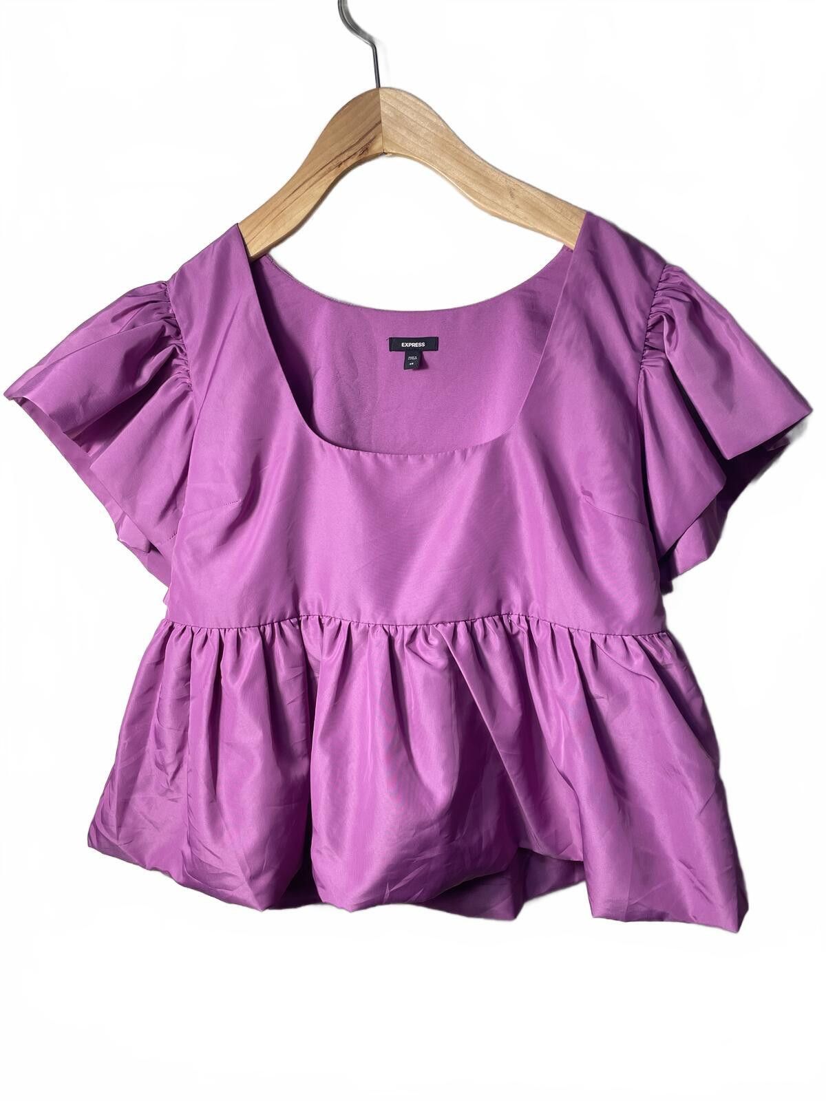 Express Express Puff Sleeve Babydoll Top Womens XS Purple Ruffle Size XS / US 0-2 / IT 36-38 - 6 Thumbnail