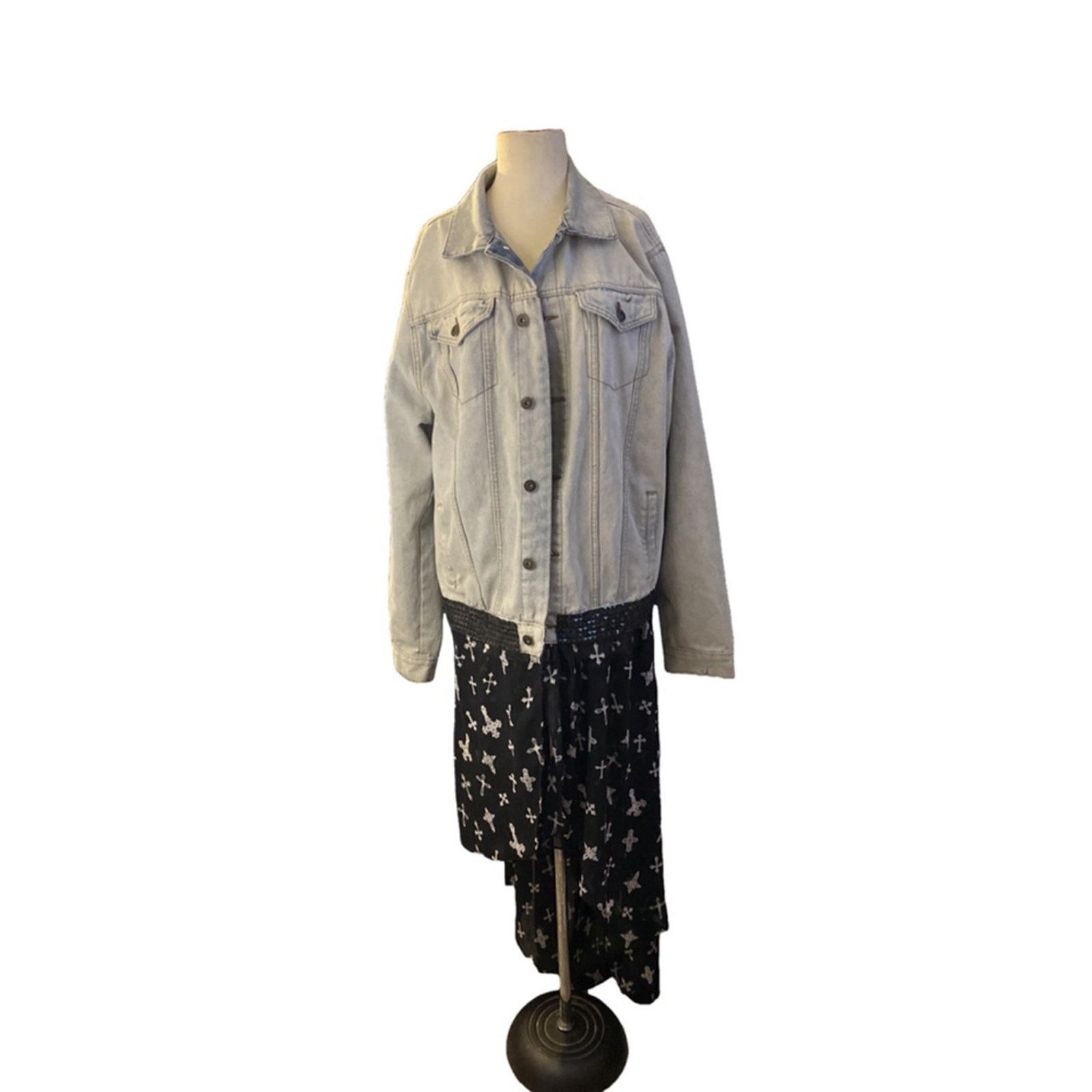 Handmade Upcycled Light Wash Denim Jacket XL Cross Detail Handmade Size XL / US 12-14 / IT 48-50 - 3 Thumbnail