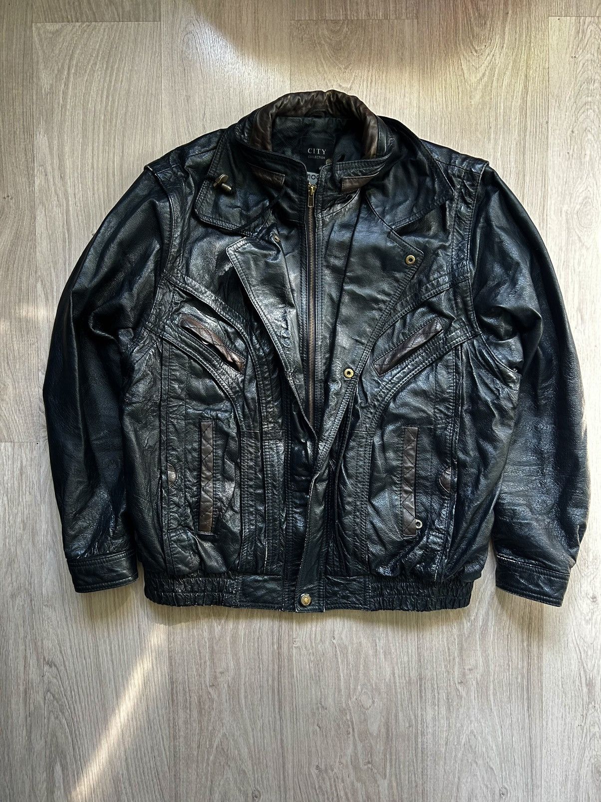 image of Vintage Leather Jacket Avant Garde Black Multi Pocket, Men's (Size 2XL)